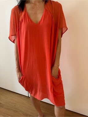 Helmut Lang Coral-Orangey Red V-Neck Cocoon Dress